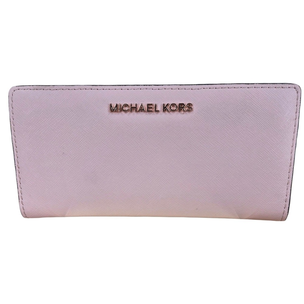 Michael Kors Pink Saffiano Leather Jet Set Bifold Slim Wallet Gold Logo